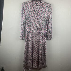 Tahari ASL Dress Womens 16 Multicolor Print Faux Wrap Long Sleeve Belted Midi